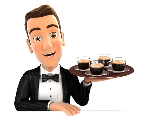 3D servitör holding fyra koppar kaffe — Stockfoto