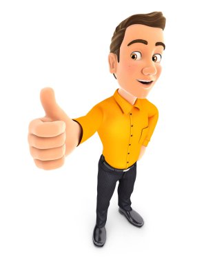 3D adam baş parmağıyla ayakta duruyor, izole beyaz arkaplanlı bir illüstrasyon.