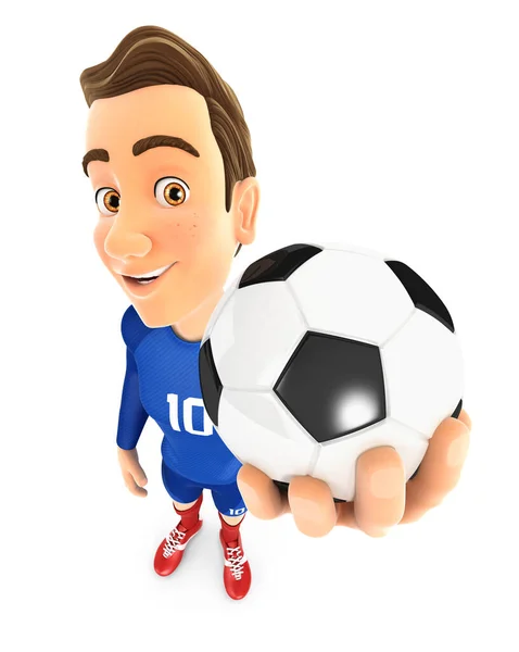 3Dサッカー選手ブルージャージー保持ボール 孤立した白の背景とイラスト — ストック写真