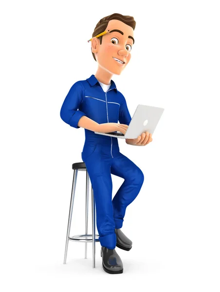 Mechanic Sitting Stool Laptop Illustration Isolated White Background — Stock Photo, Image