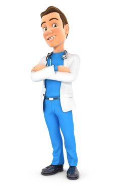 Kolları çapraz duran 3 boyutlu doktor, izole edilmiş beyaz arkaplan çizimi