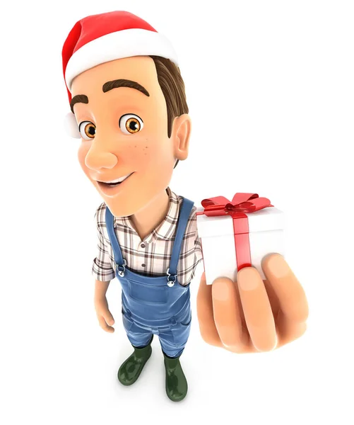 Farmer Holding Little Gift Box Illustration Isolated White Background — Stock Photo, Image