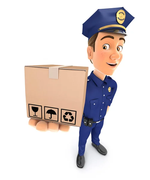 Policeman Standing Holding Package Illustration Isolated White Background — Stock Photo, Image