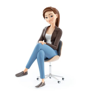 Sandalyede oturan 3D karikatür kadın, beyaz arka planda izole edilmiş bir resim.