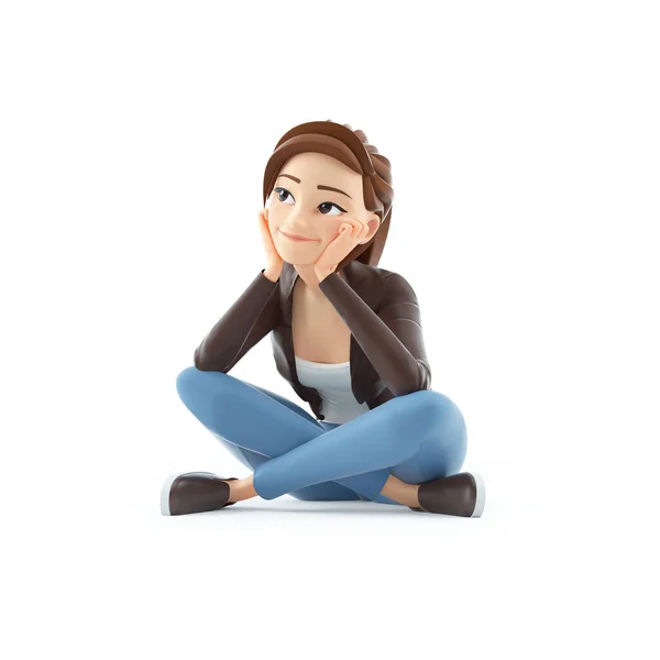 3D卡通女 坐在地板上思考 白色背景上孤立的图解 — 图库照片