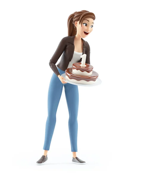 誕生日ケーキを持つ3D漫画の女性 白の背景に隔離されたイラスト — ストック写真