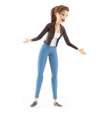 3D karikatür kadın sürpriz poz, beyaz arka planda izole görüntü