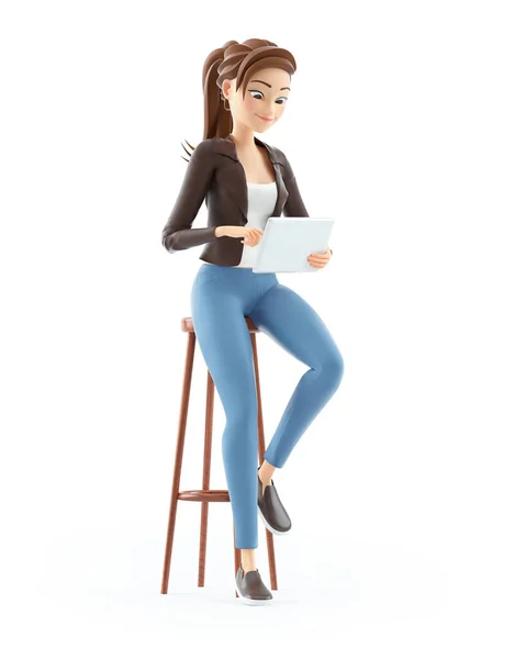 Karikatura Žena Sedí Stoličce Tabletou Ilustrace Izolované Bílém Pozadí — Stock fotografie