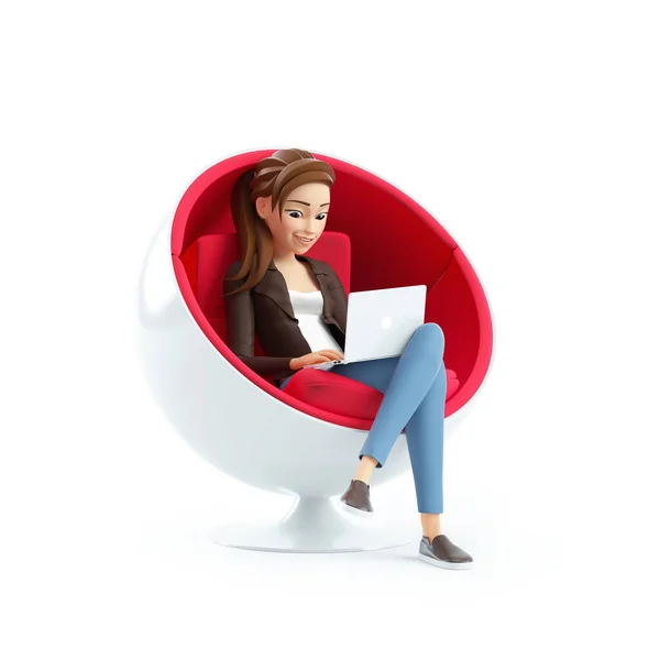 Cartoon Mulher Sentada Cadeira Esférica Com Laptop Ilustração Isolada Fundo — Fotografia de Stock