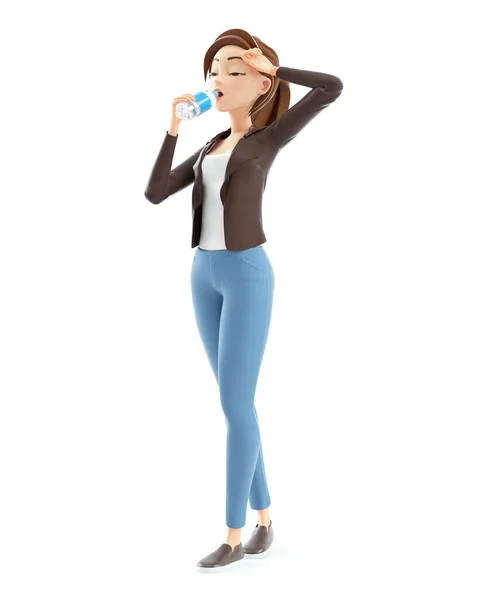 3D卡通女用瓶子喝水 用白色背景说明 — 图库照片