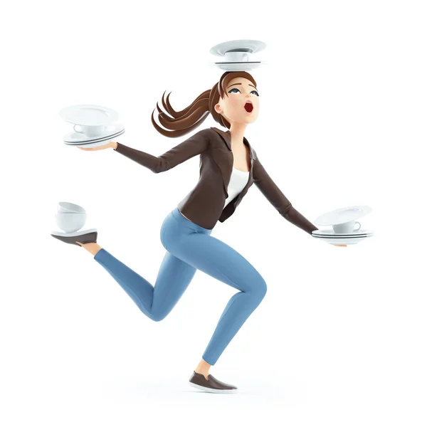 3D漫画の女性は 食器と一本足でバランスをとります 白い背景に隔離されたイラスト — ストック写真