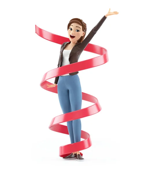 3d happy cartoon woman surrounded by ribbon, illustration isolated on white background