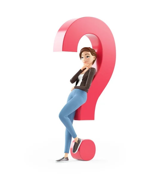 3d cartoon woman leaning under question mark, illustration isolated on white background