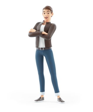 3D karikatür adam kolları çapraz beyaz arkaplanda izole edilmiş.