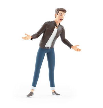 3D karikatür adamı sürpriz pozu, beyaz arkaplanda izole edilmiş illüstrasyon