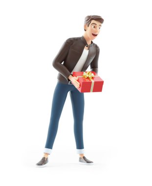 3D karikatürcü hediye sunuyor. Resim beyaz arka planda izole edilmiş.