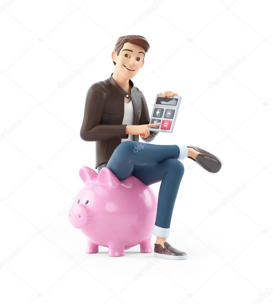 3d cartoon man sitting on piggy bank with calculator, illustration isolated on white background