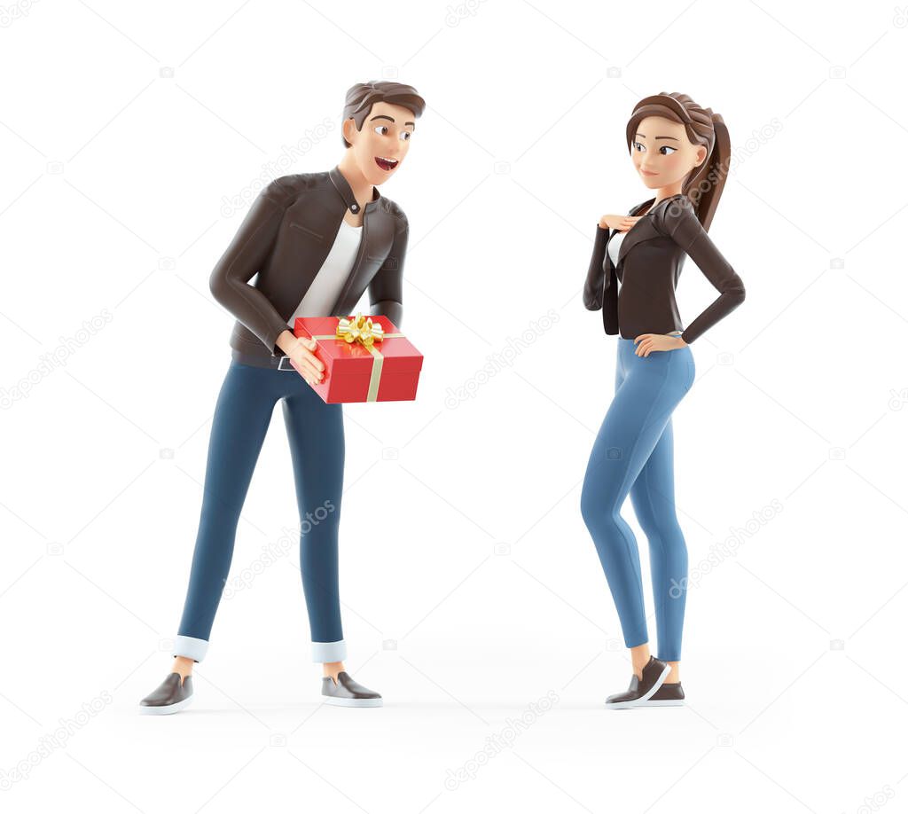 3d cartoon man offering gift to woman, illustration isolated on white background