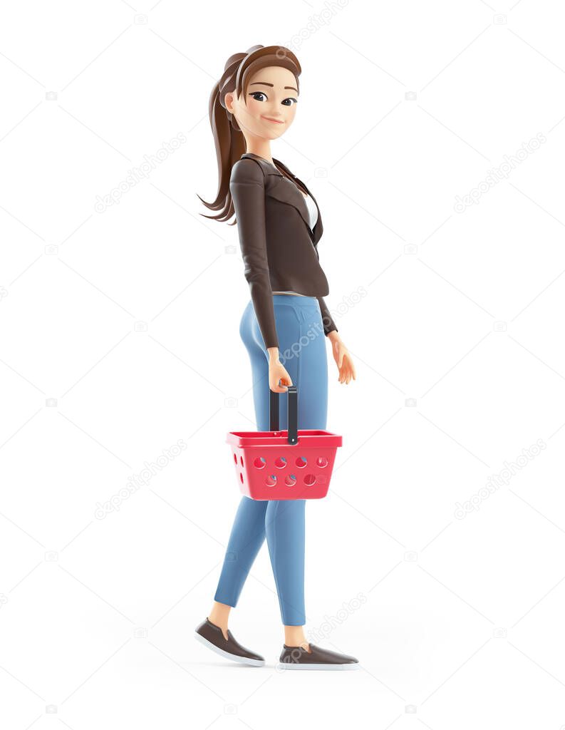 3d cartoon woman with shopping basket, illustration isolated on white background