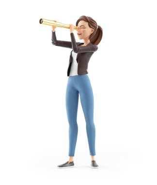 Teleskoptan bakan 3D karikatür kadın, beyaz arkaplanda izole edilmiş bir illüstrasyon