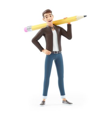 Omuzlarında kurşun kalem taşıyan 3D karikatürcü, beyaz arka planda izole edilmiş bir resim.