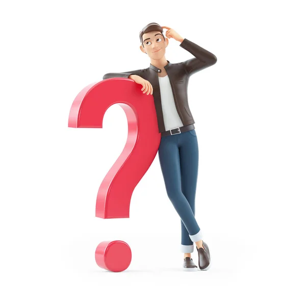 3d cartoon man leaning against question mark, illustration isolated on white background