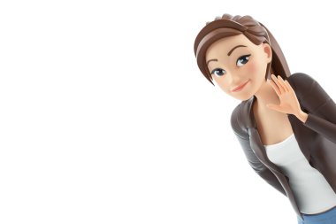 3d portrait cartoon woman saying hello, illustration isolated on white background