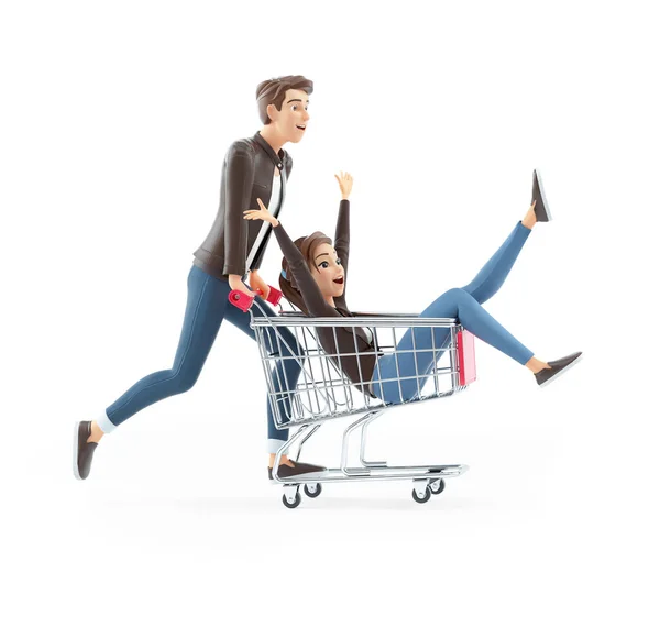 Cartoon Mann Push Woman Shopping Cart Illustration Isoliert Auf Weißem — Stockfoto