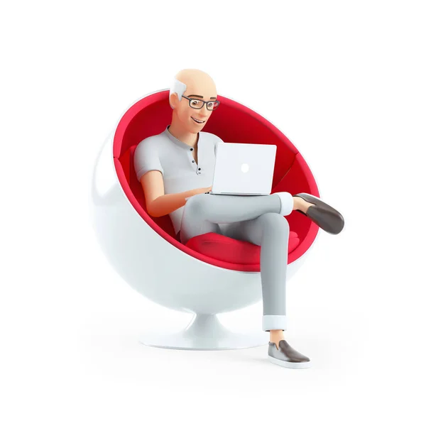 Homem Sênior Sentado Cadeira Esférica Com Laptop Ilustração Isolada Fundo — Fotografia de Stock