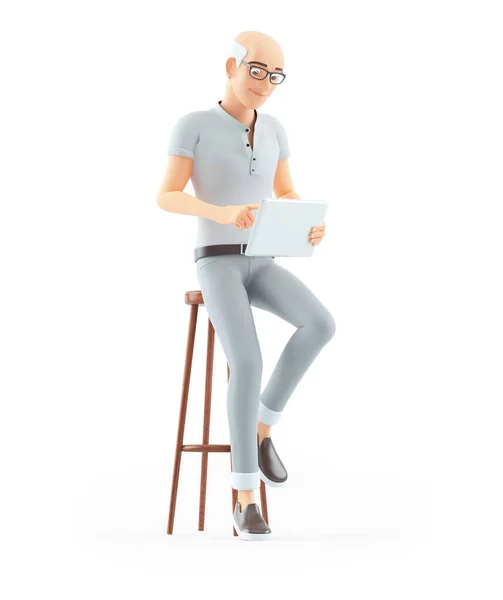 Senior Man Sitting Stool Tablet Illustration Isolated White Background — Stock Photo, Image