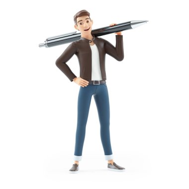 Omuzlarında kalem taşıyan 3D karikatürcü, beyaz arka planda izole edilmiş bir resim.