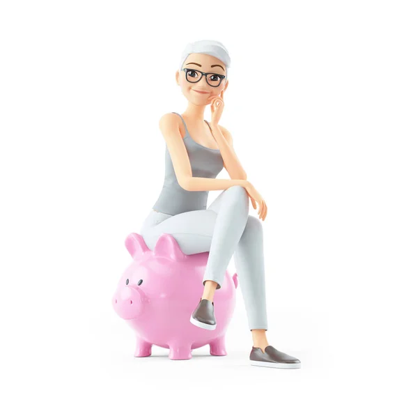 Senior Woman Sitting Piggy Bank Illustration Isolated White Background — Foto de Stock