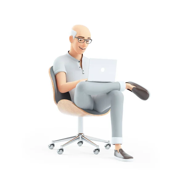 Senior Man Zitten Stoel Met Laptop Illustratie Geïsoleerd Witte Achtergrond — Stockfoto