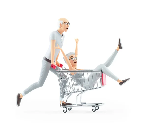 Senior Man Duwen Vrouw Winkelwagen Illustratie Geïsoleerd Witte Achtergrond — Stockfoto