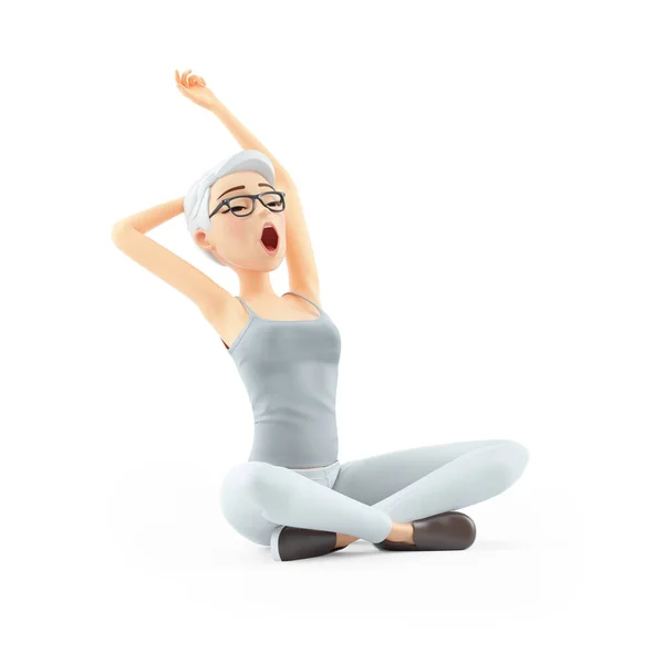 3Dシニア女性の朝のストレッチ 白い背景に隔離されたイラスト — ストック写真