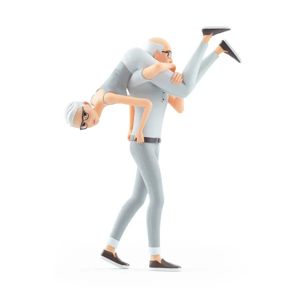 Senior Man Carrying Angry Woman His Shoulder Illustration Isolated White — Stock Photo, Image
