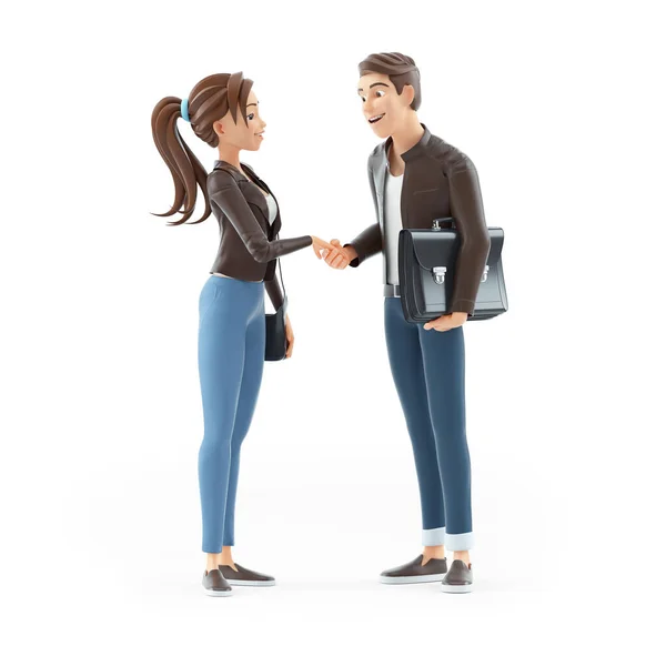 3D漫画の男性と女性握手 白い背景に隔離されたイラスト — ストック写真