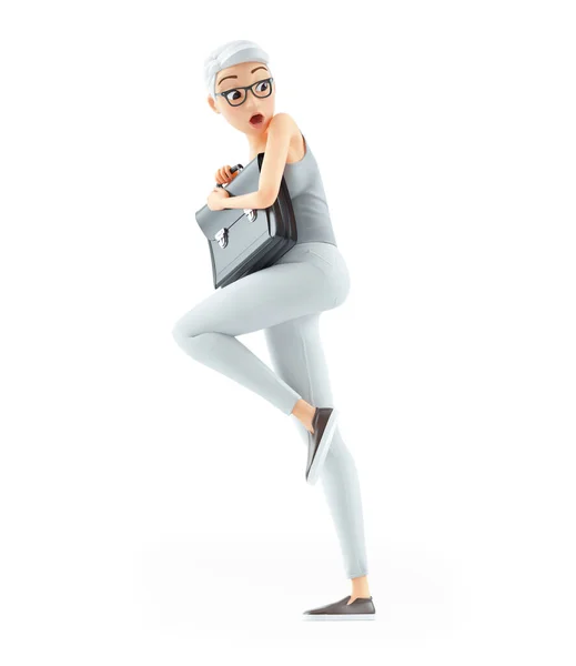 3D恐怖シニア女性保持ブリーフケース イラスト隔離された白い背景 — ストック写真