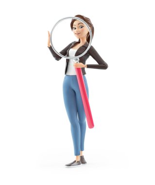 Büyük bir büyüteç tutan 3D karikatür kadın, beyaz arka planda izole edilmiş illüstrasyon
