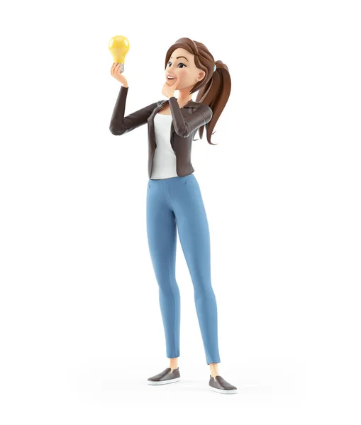 3D漫画の女性は電球を見て 白い背景に隔離されたイラスト — ストック写真