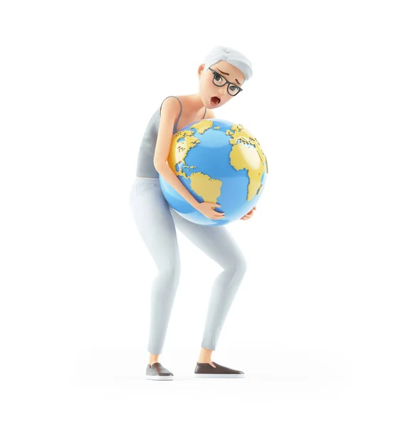 Senior Woman Lifting Heavy Earth Illustration Isolated White Background — Stock Photo, Image