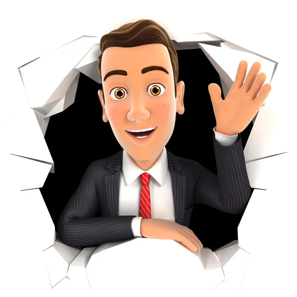 3d businessman waving hand through hole in wall — Stock Photo, Image