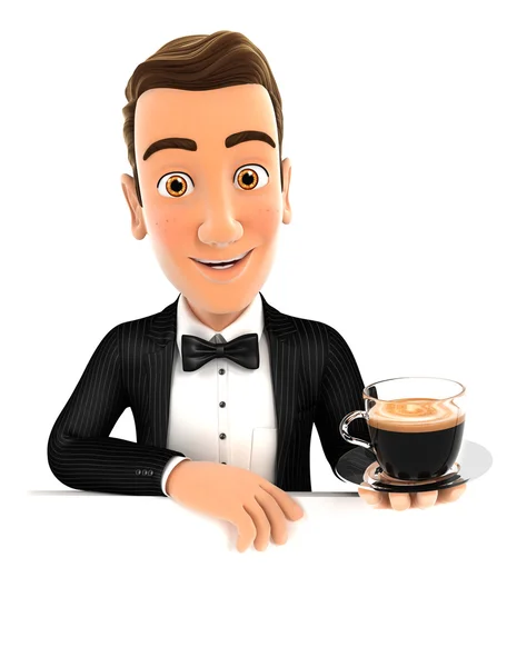 3D servitör bakom tom vägg och hålla en kopp kaffe — Stockfoto