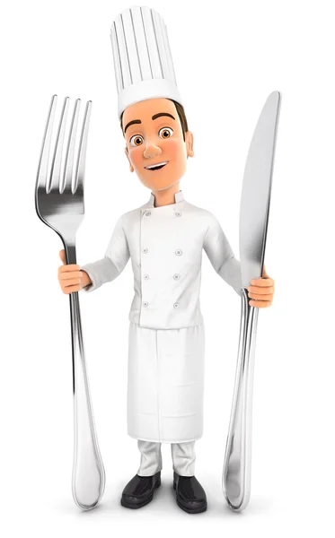 3D-chef-kok met mes en vork — Stockfoto