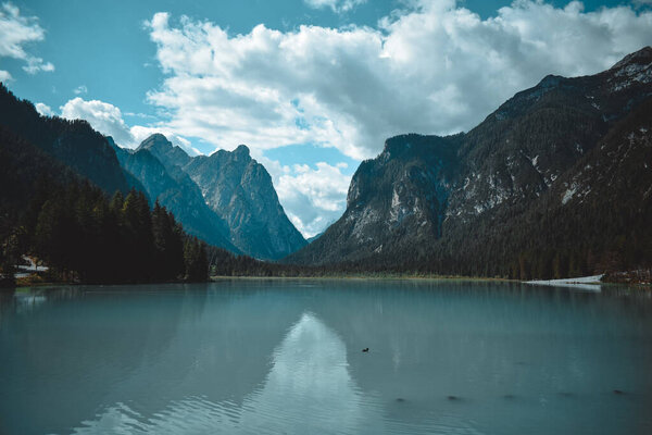 great view on the dobbiaco lake, in trentino