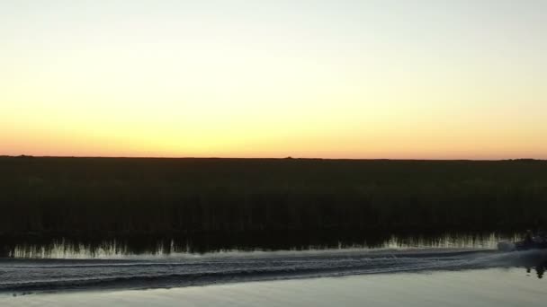 Aérea de un barco en el Parque Nacional de los Everglades después del atardecer — Vídeos de Stock