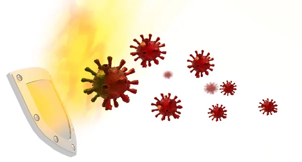 Shield Fire Covid Coronavirus Virus Attack Isolated White Background High — Stock Photo, Image