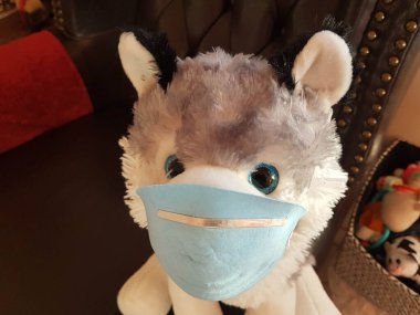 Covid-19 Coronavirus koruma maskesi koltuktaki oyuncak köpeğin üzerinde.