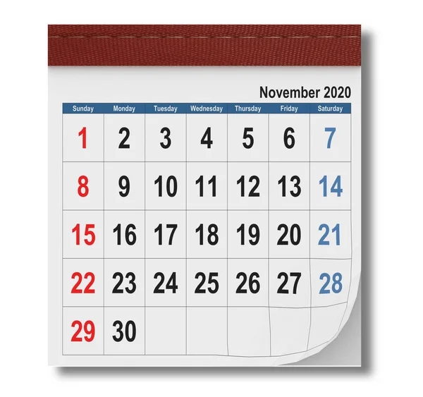 Noviembre 2020 Calendario Cuero Rojo Simple Vista Superior Renderig — Foto de Stock