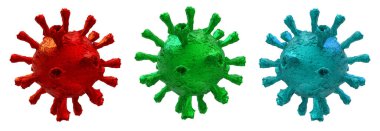 covid-19 virüs koronavirüs kırmızı yeşil, mavi renk kapalı arkaplan - 3D görüntüleme